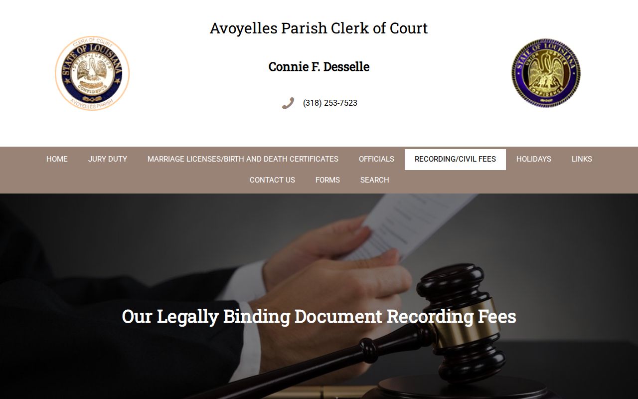 Avoyelles Parish Clerk recording and civil fees page for civil docket records