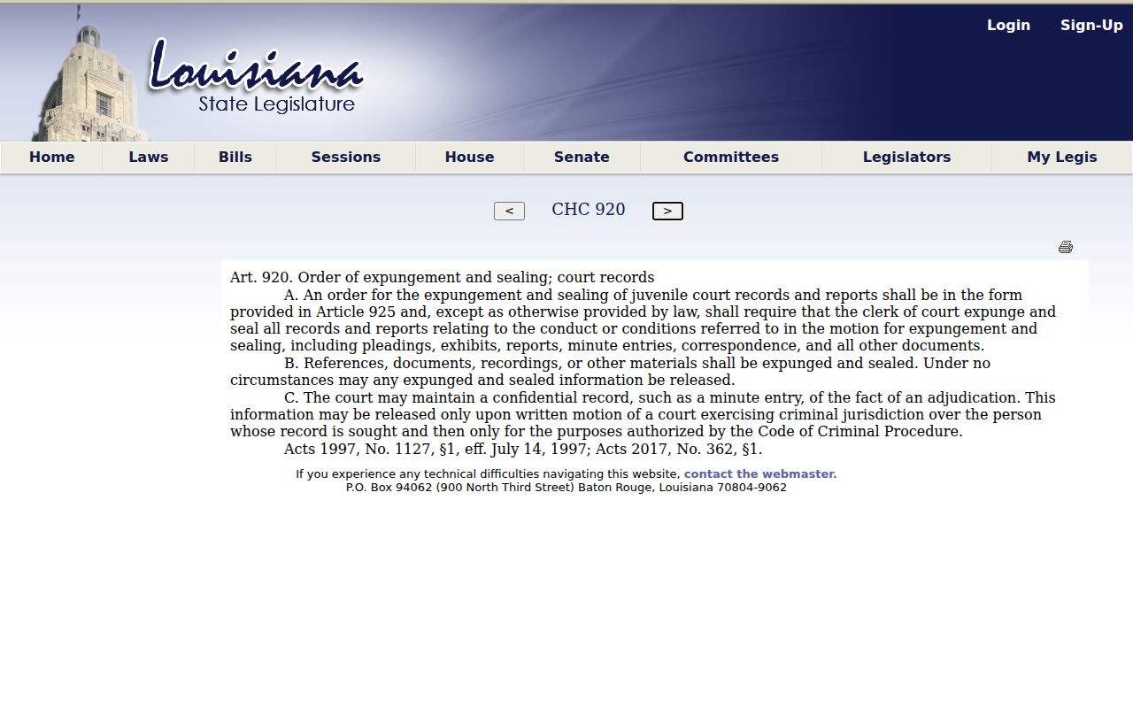 Louisiana juvenile-expungement statute relevant to restricted Avoyelles criminal records