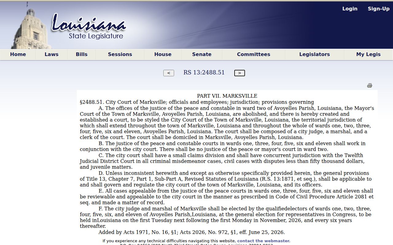 Marksville court records statute reference for City Court